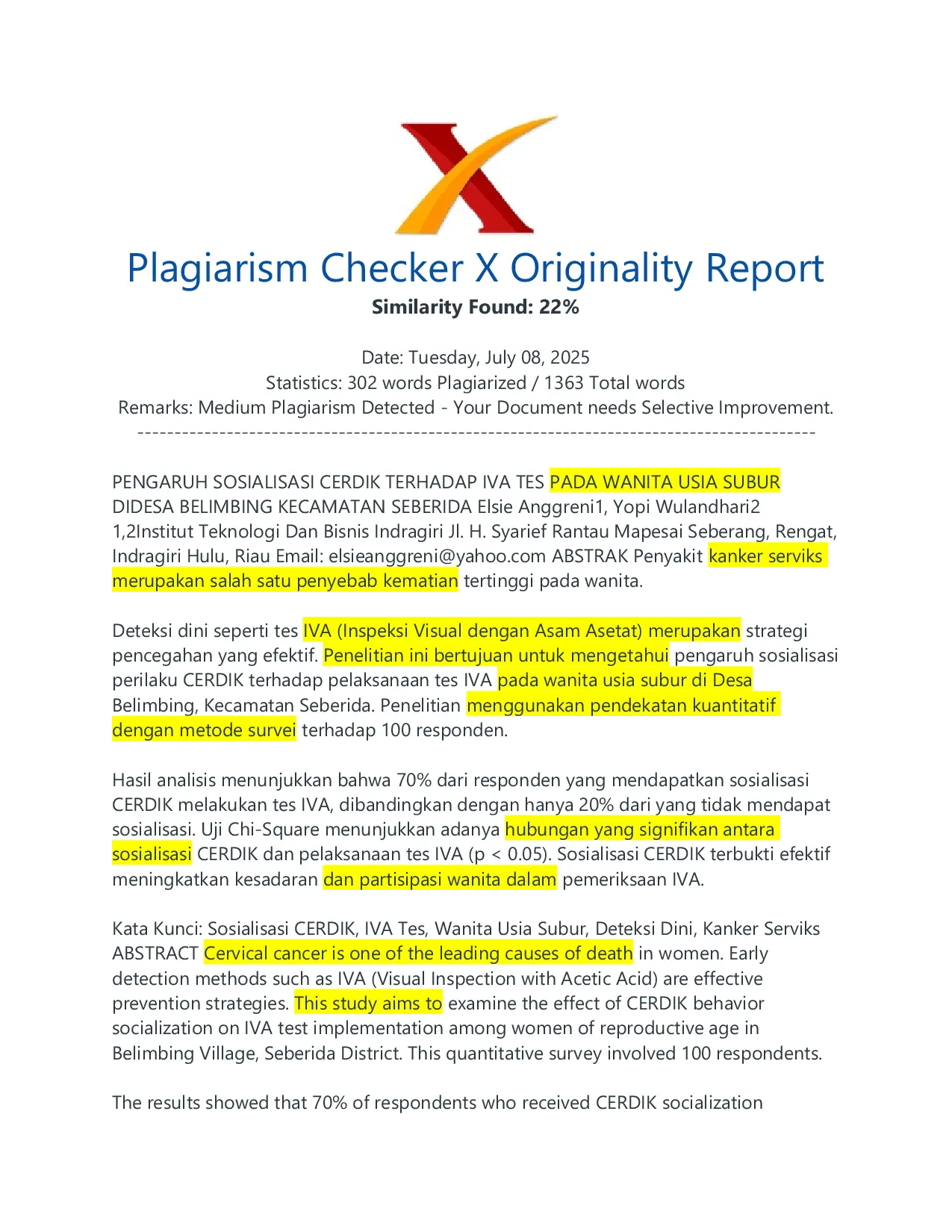 JURIS Pengaruh Sosialisasi CERDIK Terhadap IVA Tes Pada Wanita Usia Subur Di Desa Belimbing Kecamatan Seberida