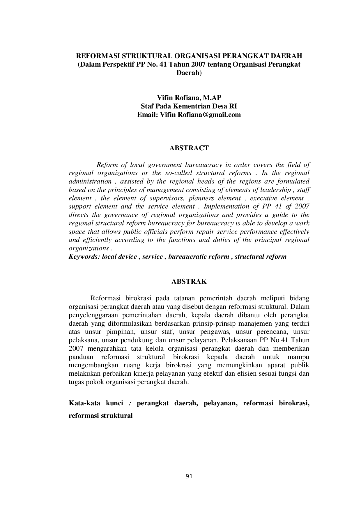 JURIS REFORMASI STRUKTURAL ORGANISASI PERANGKAT DAERAH Dalam Perspektif PP No 41 Tahun 2007 tentang Organisasi Perangkat Daerah