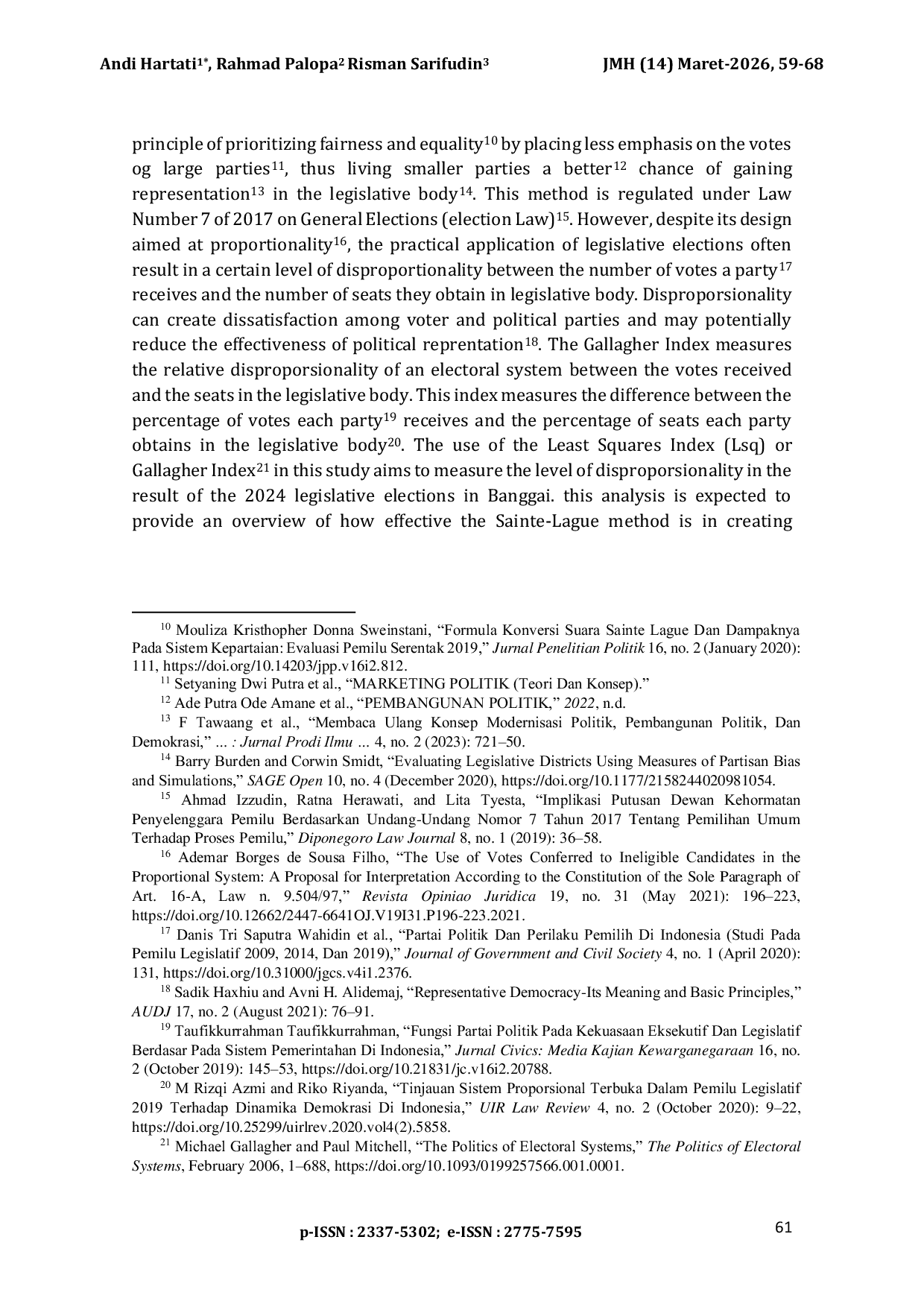 JURIS The Disproportionality Analysis of Sainte Lagu Method Using Gallagher Index in Banggai Regency Legislative Election 2024 Analisis Ketidakseimbangan Metode Sainte Lagu Menggunakan Indeks Gallagher