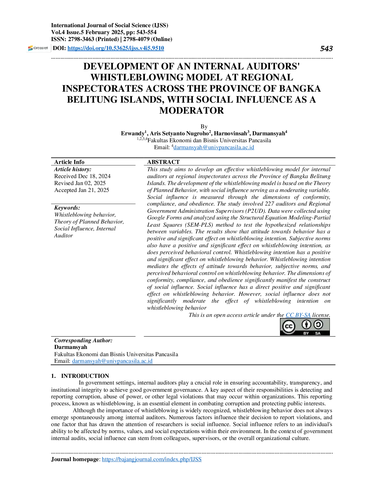 JURIS Development of an Internal Auditors Whistleblowing Model at Regional Inspectorates Across the Province of Bangka Belitung Islands with Social Influence as a Moderator