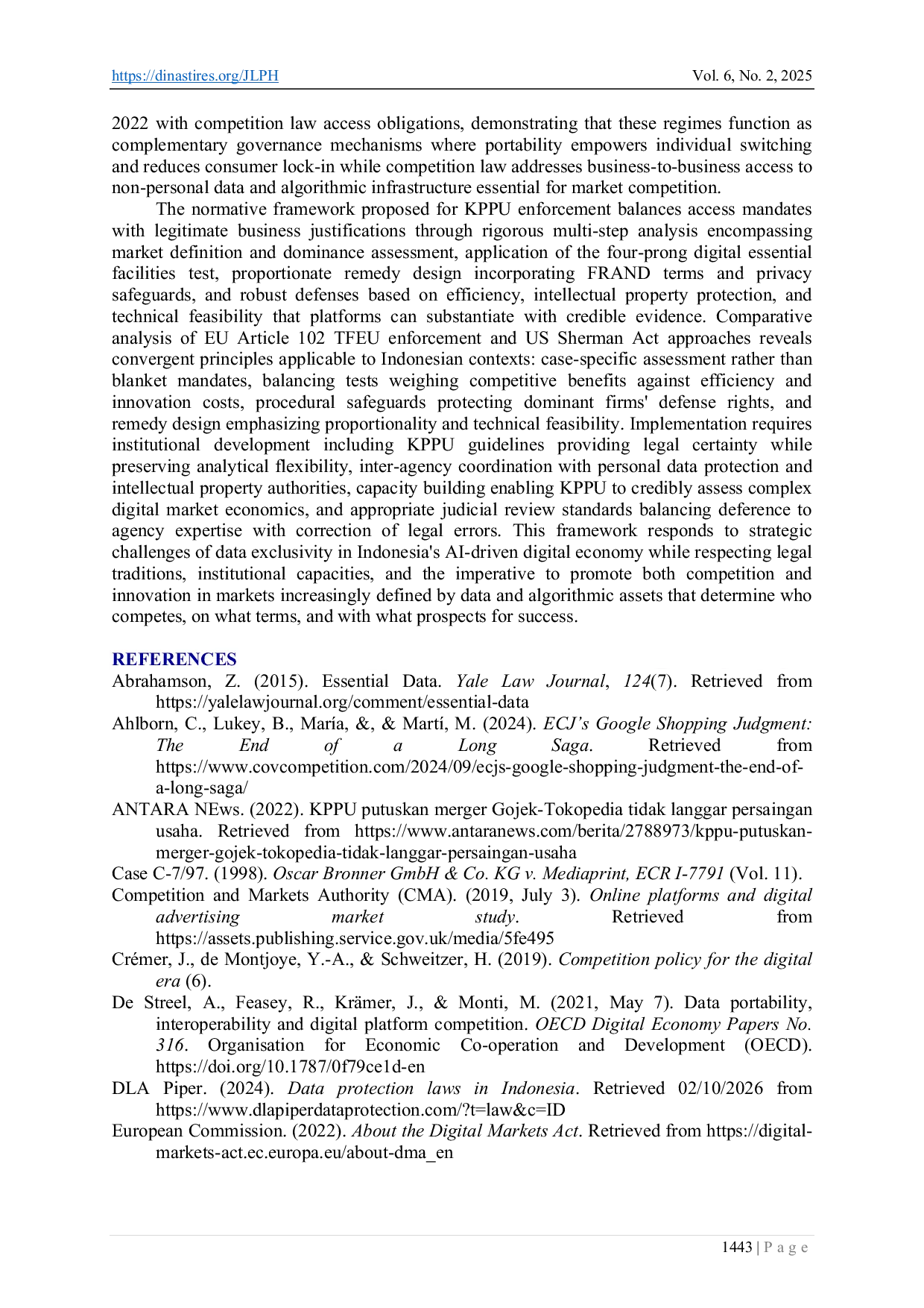 JURIS Application of Essential Facilities Doctrine to Data and Algorithm Access As An Enforcement Instrument for Article 25 of Law No 5 Of 1999 in The Digital Economy