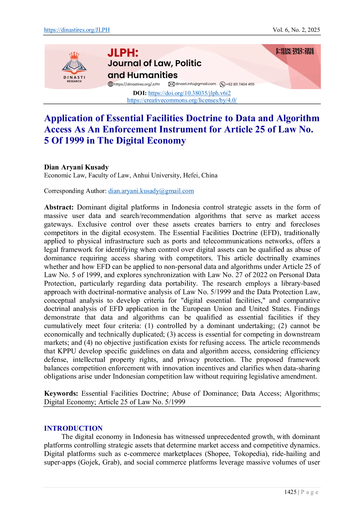 JURIS Application of Essential Facilities Doctrine to Data and Algorithm Access As An Enforcement Instrument for Article 25 of Law No 5 Of 1999 in The Digital Economy