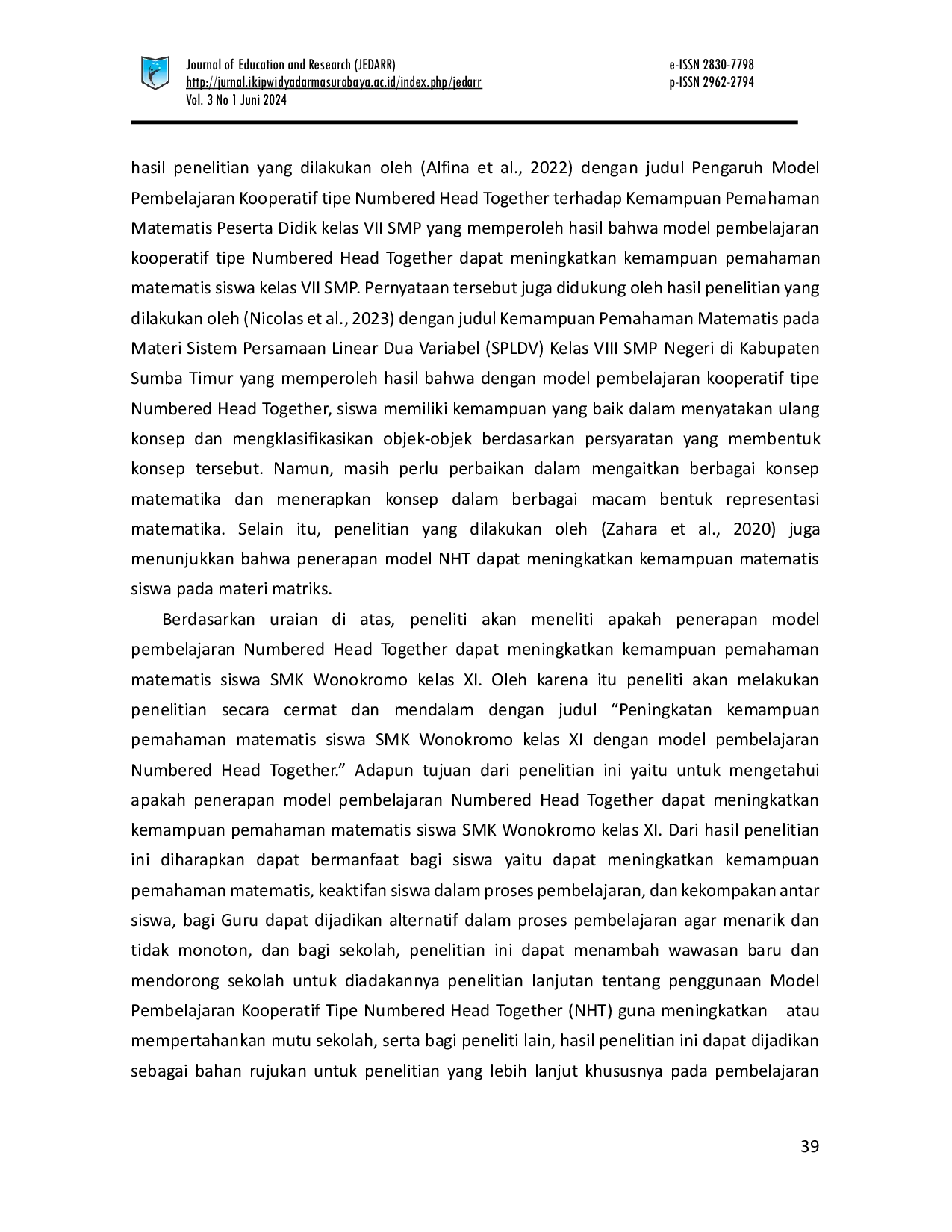 JURIS Peningkatan Kemampuan Pemahaman Matematis Siswa Smk Wonokromo Kelas Xi Dengan Model Pembelajaran Numbered Head Together