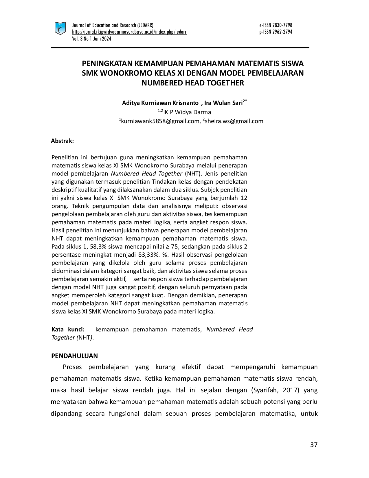 JURIS Peningkatan Kemampuan Pemahaman Matematis Siswa Smk Wonokromo Kelas Xi Dengan Model Pembelajaran Numbered Head Together