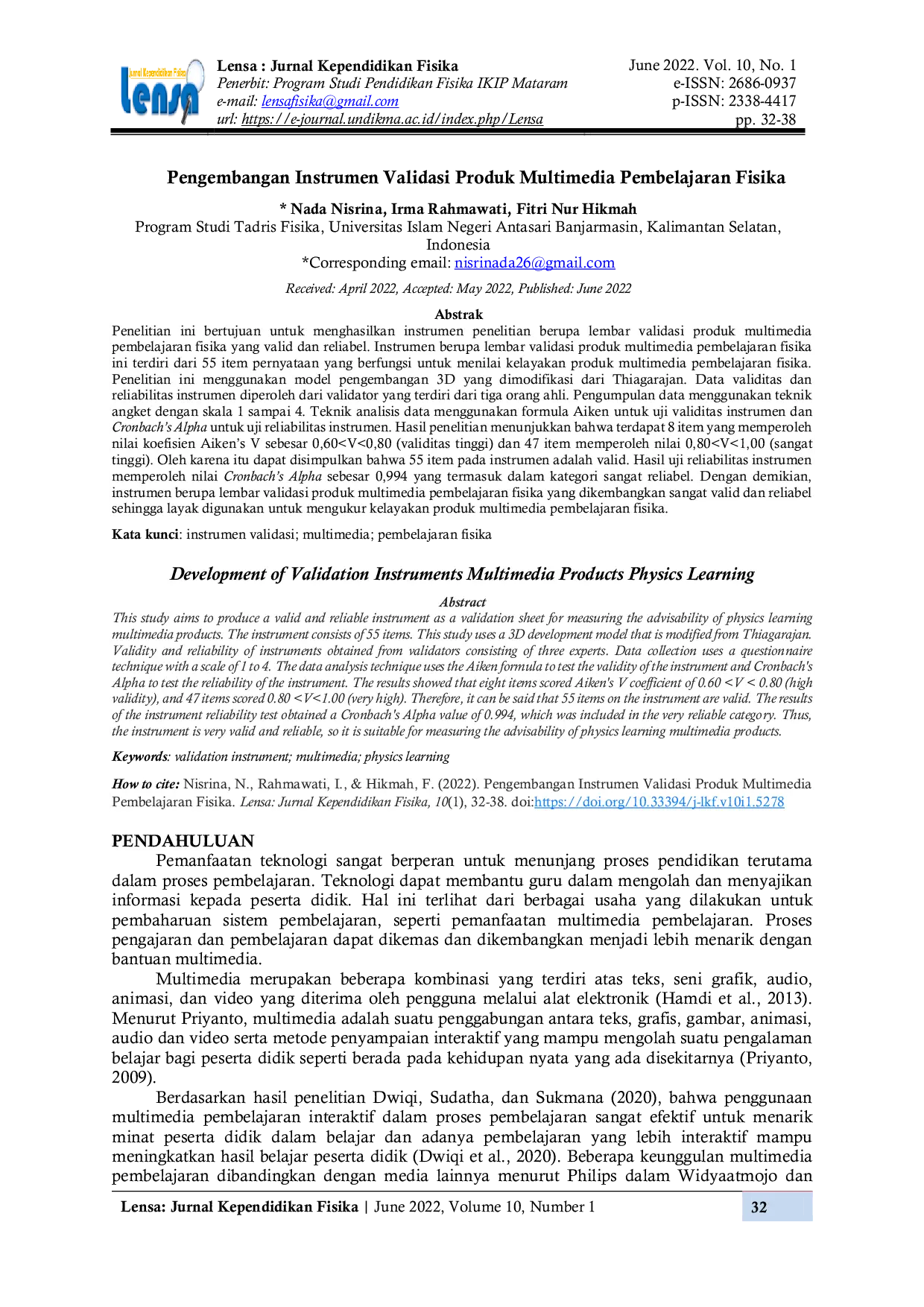 JURIS Pengembangan Instrumen Validasi Produk Multimedia Pembelajaran Fisika