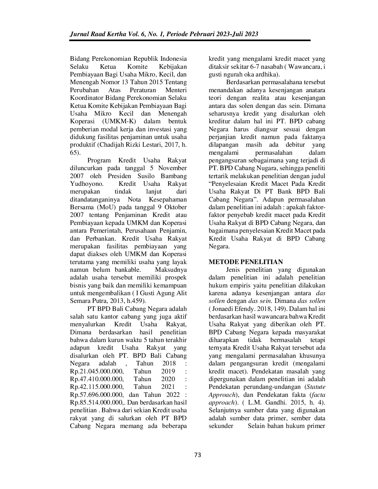 JURIS Analisis Hukum Penyelesaian Kredit Macet Pada Kredit Usaha Rakyat KUR