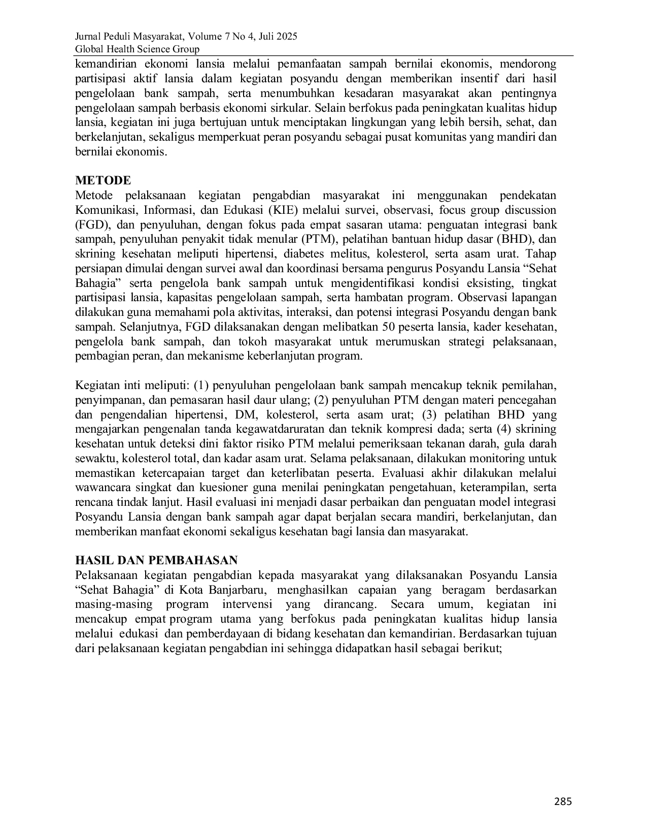 JURIS Pemberdayaan Posyandu Lansia Terintegrasi Bank Sampah yang Berkemanjuan Mandiri dan Bernilai Ekonomis pada Masyarakat