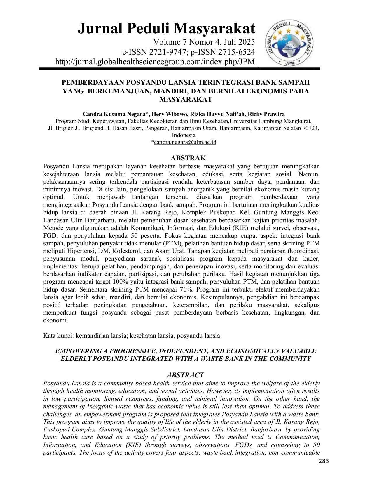 JURIS Pemberdayaan Posyandu Lansia Terintegrasi Bank Sampah yang Berkemanjuan Mandiri dan Bernilai Ekonomis pada Masyarakat
