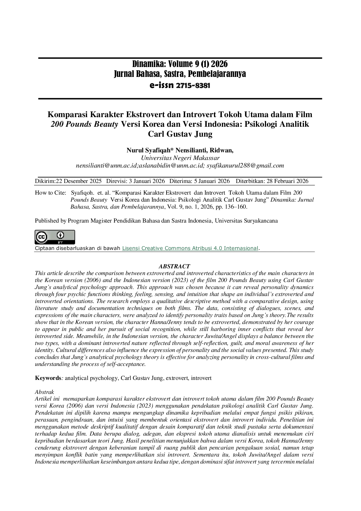 JURIS Komparasi Karakter Ekstrovert dan Introvert Tokoh Utama dalam Film 200 Pounds Beauty Versi Korea dan Indonesia Psikologi Analitik Carl Gustav Jung