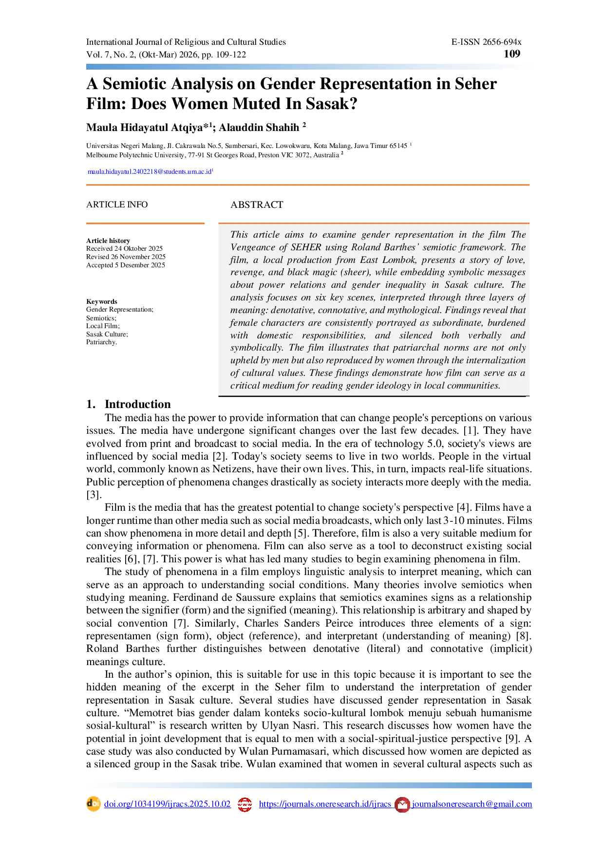 JURIS A Semiotic Analysis on Gender Representation in Seher Film Does Women Muted In Sasak