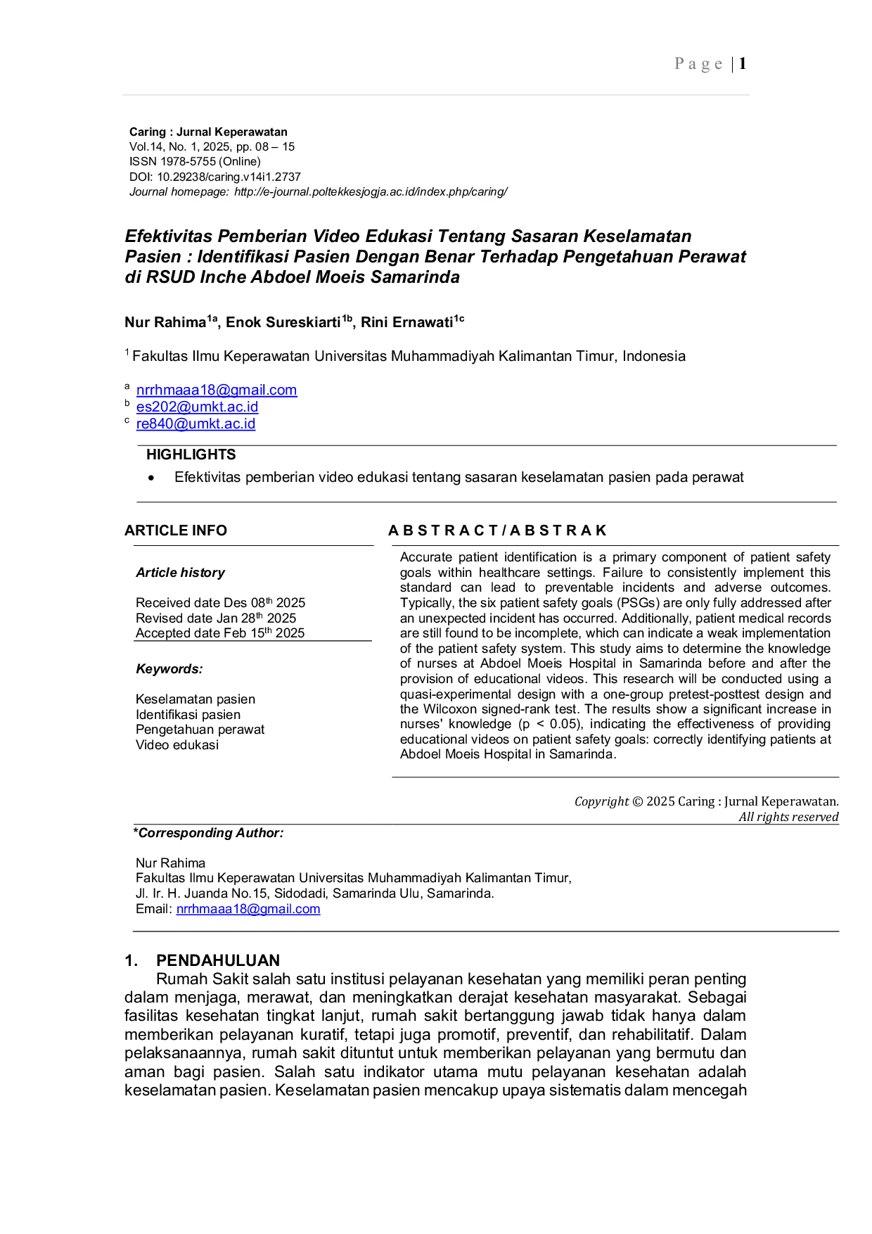 JURIS Efektivitas Pemberian Video Edukasi Tentang Sasaran Keselamatan Pasien Identifikasi Pasien Dengan Benar Terhadap Pengetahuan Perawat di RSUD Inche Abdoel Moeis Samarinda