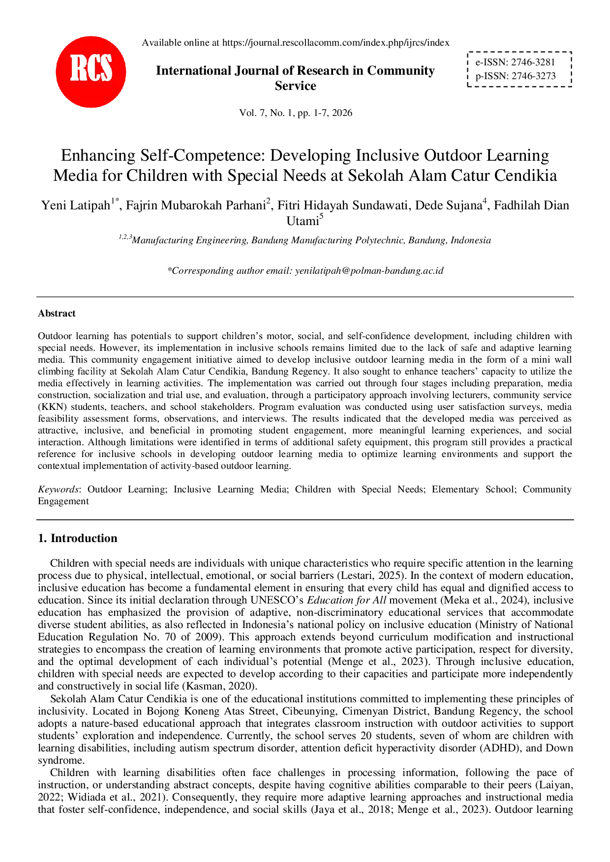 JURIS Enhancing Self Competence Developing Inclusive Outdoor Learning Media for Children with Special Needs at Sekolah Alam Catur Cendikia