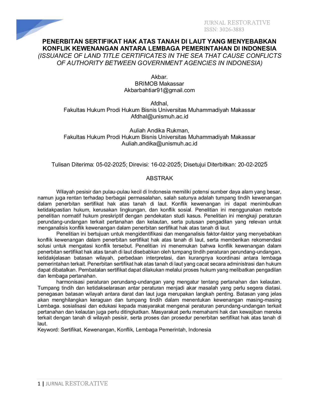 juris Penerbitan Sertifikat Hak Atas Tanah Di Laut Yang Menyebabkan Konflik Kewenangan Antara Lembaga Pemerintahan Di Indonesia