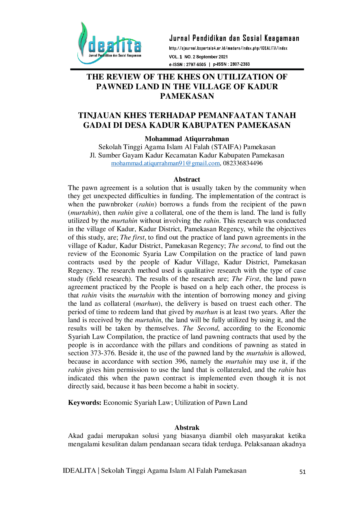 JURIS Tinjauan Khes Terhadap Pemanfaatan Tanah Gadai Di Desa Kadur Kabupaten Pamekasan