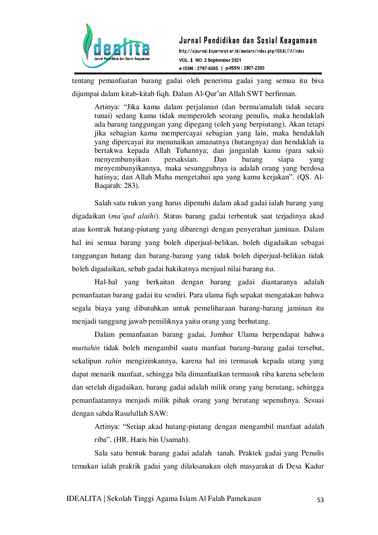 JURIS Tinjauan Khes Terhadap Pemanfaatan Tanah Gadai Di Desa Kadur Kabupaten Pamekasan