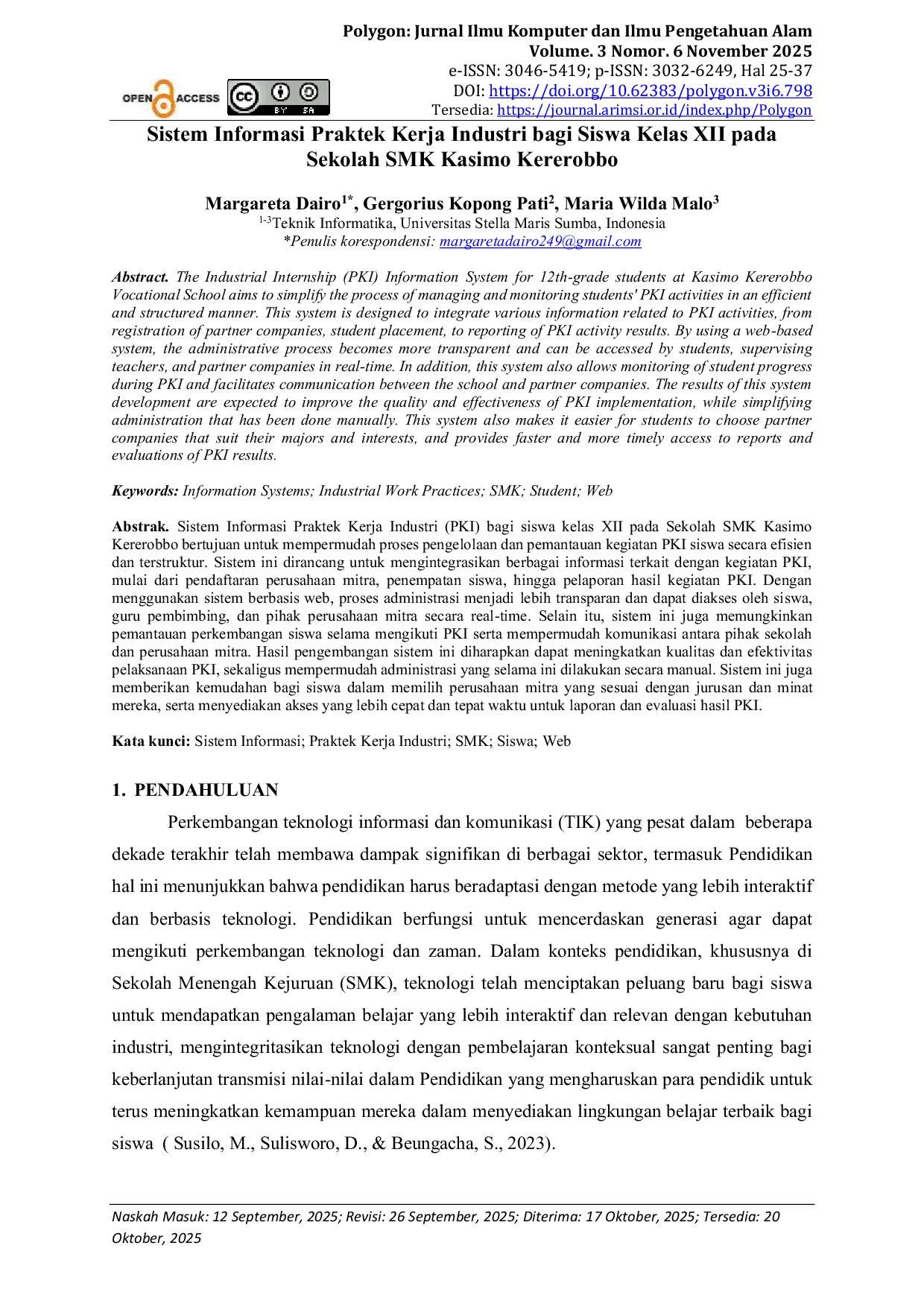 JURIS Sistem Informasi Praktek Kerja Industri bagi Siswa Kelas XII pada Sekolah SMK Kasimo Kererobbo