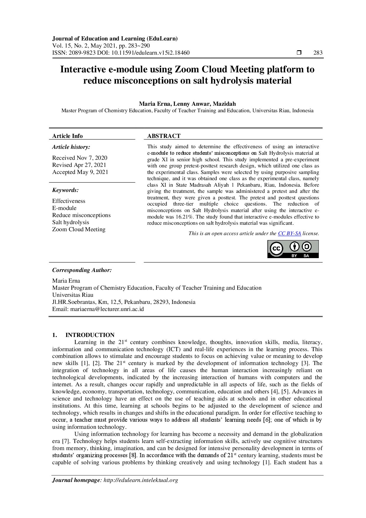 juris Interactive e module using Zoom Cloud Meeting platform to reduce misconceptions on salt hydrolysis material