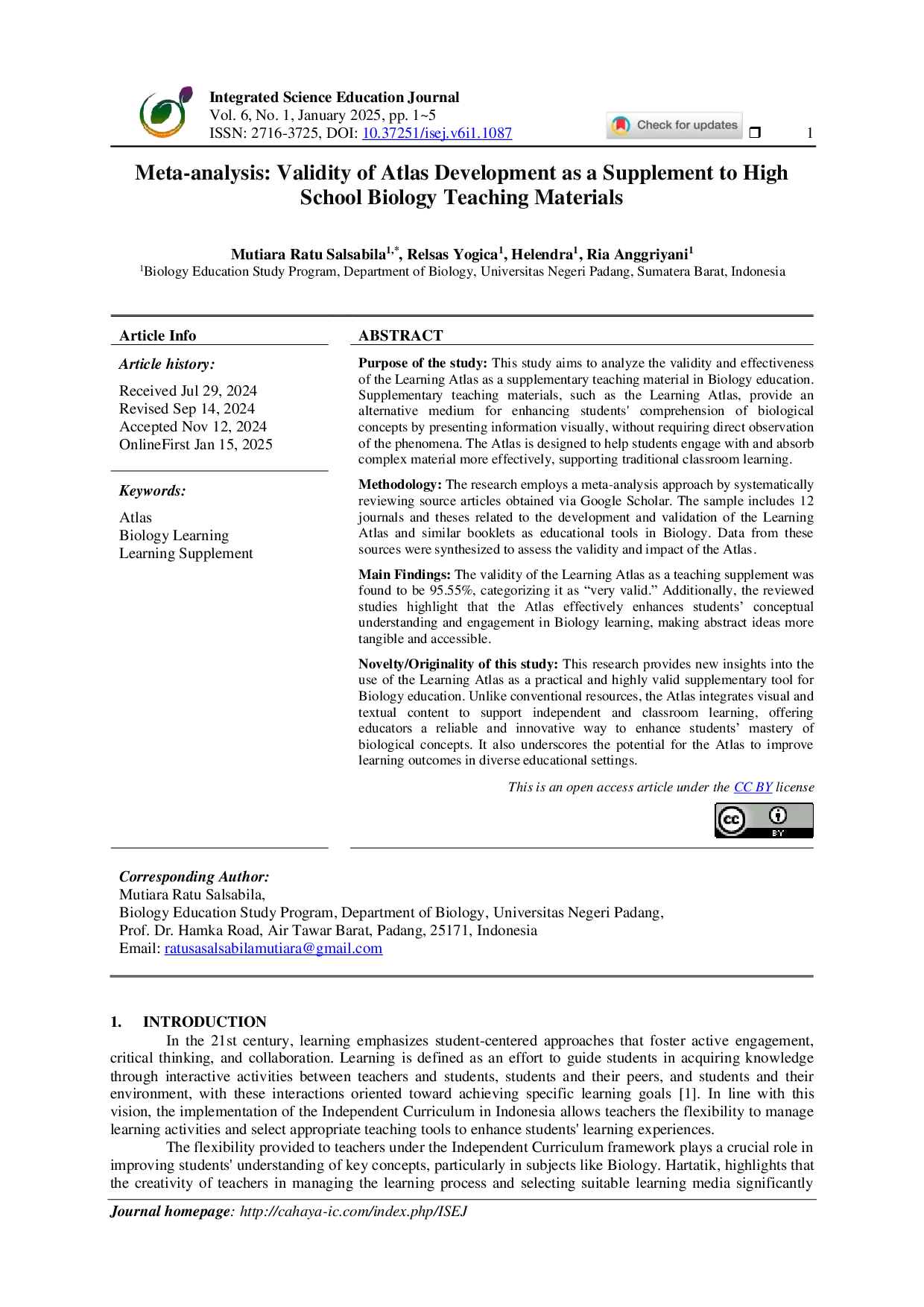 JURIS Meta analysis Validity of Atlas Development as a Supplement to High School Biology Teaching Materials