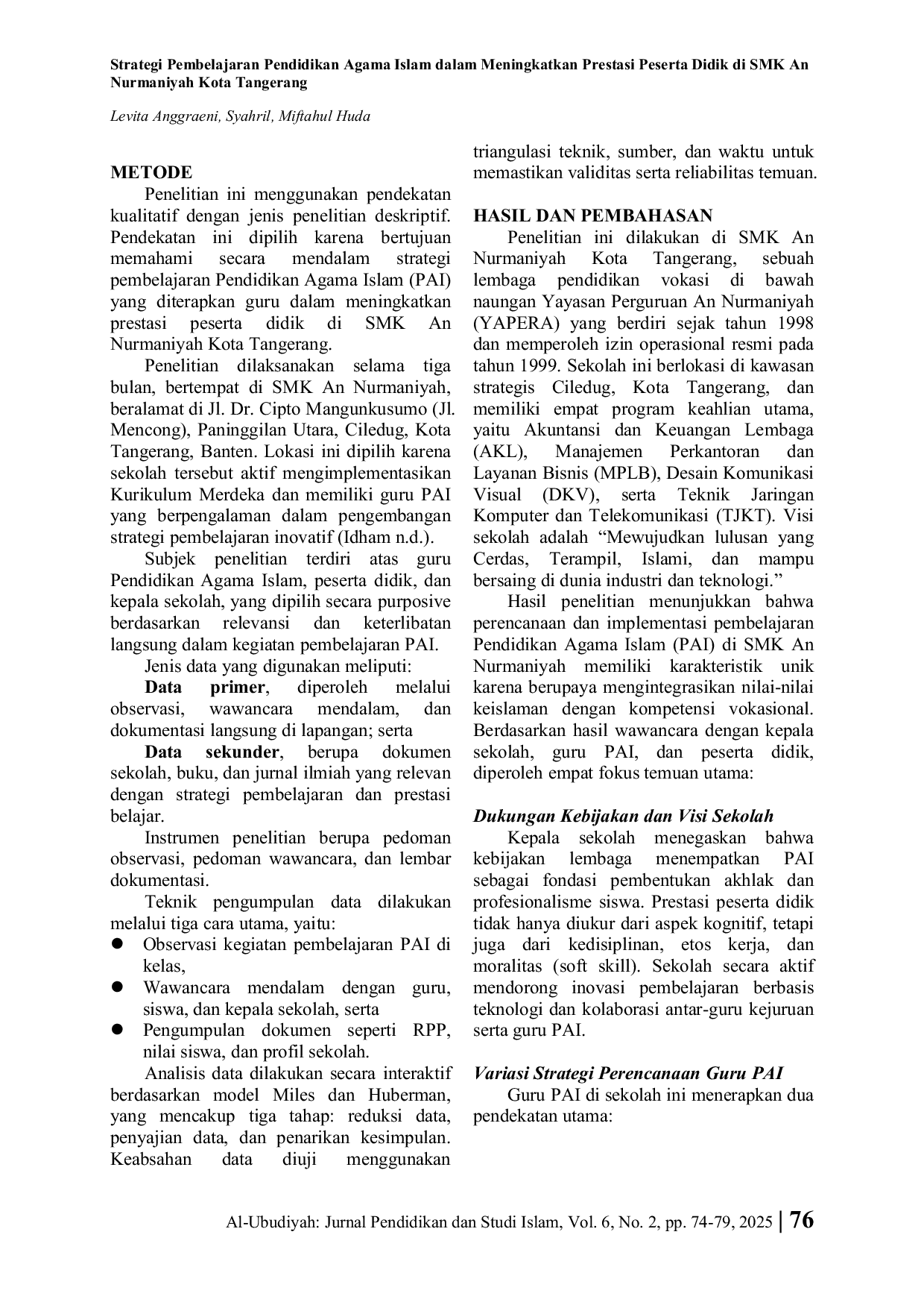 JURIS Strategi Pembelajaran Pendidikan Agama Islam dalam Meningkatkan Prestasi Peserta Didik di SMK An Nurmaniyah Kota Tangerang