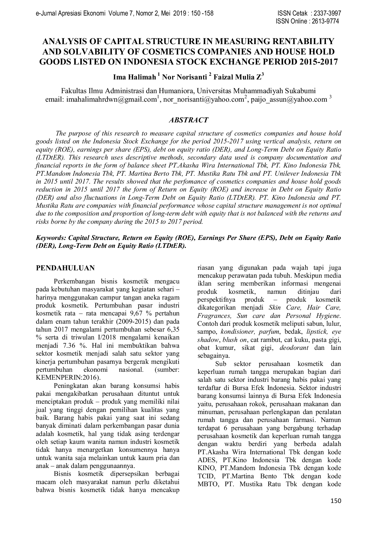 JURIS Analysis of Capital Structure in Measuring Rentability and Solvability of Cosmetics Companies and Household Goods Listed on Indonesia Stock Exchange Period 2015 2017