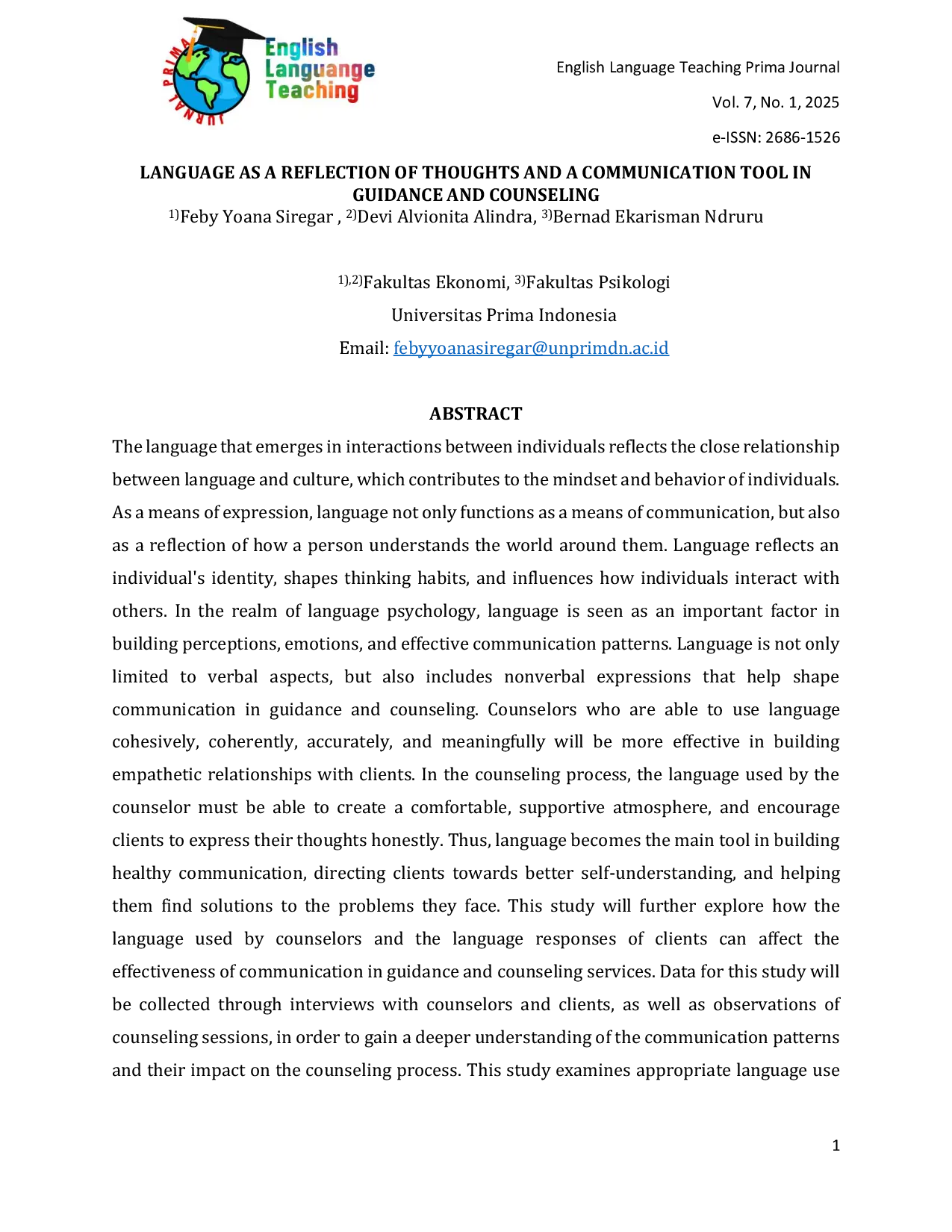 JURIS Language as a Reflection of Thoughts and a Communication Tool in Guidance and Counseling