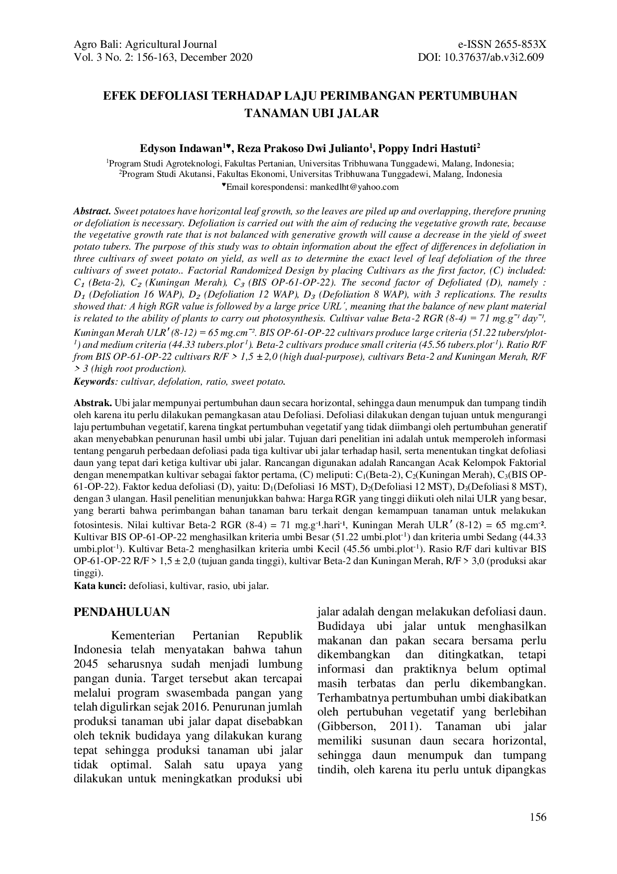 JURIS Efek Defoliasi Terhadap Laju Perimbangan Pertumbuhan Tanaman Ubi Jalar