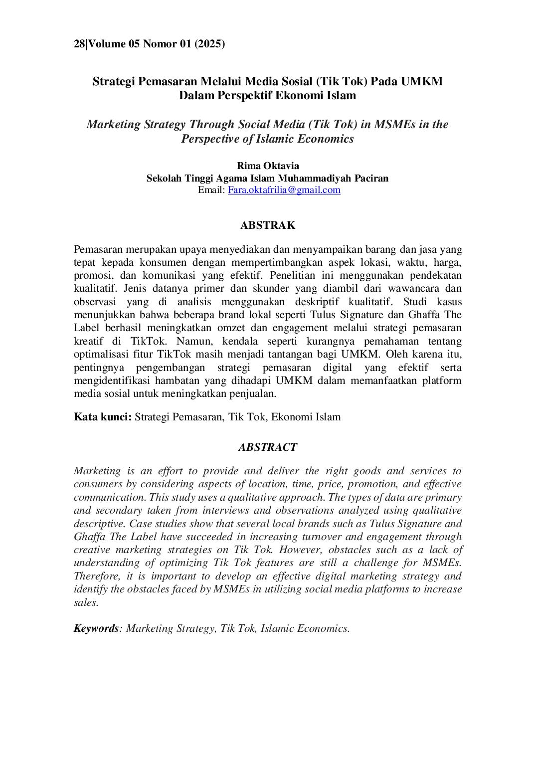 JURIS Strategi pemasaran melalui media sStrategi Pemasaran Melalui Media Sosial Tik Tok Pada UMKM Dalam Perspektif Ekonomi Islamosial tik tok pada UMKM dalam perspektif ekonomi islam