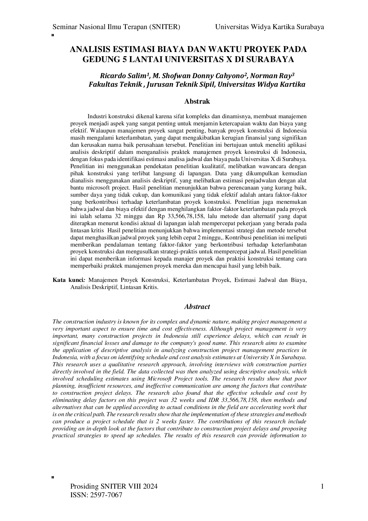 JURIS Analisis Estimasi Biaya dan Waktu Proyek pada Gedung 5 Lantai Universitas X di Surabaya