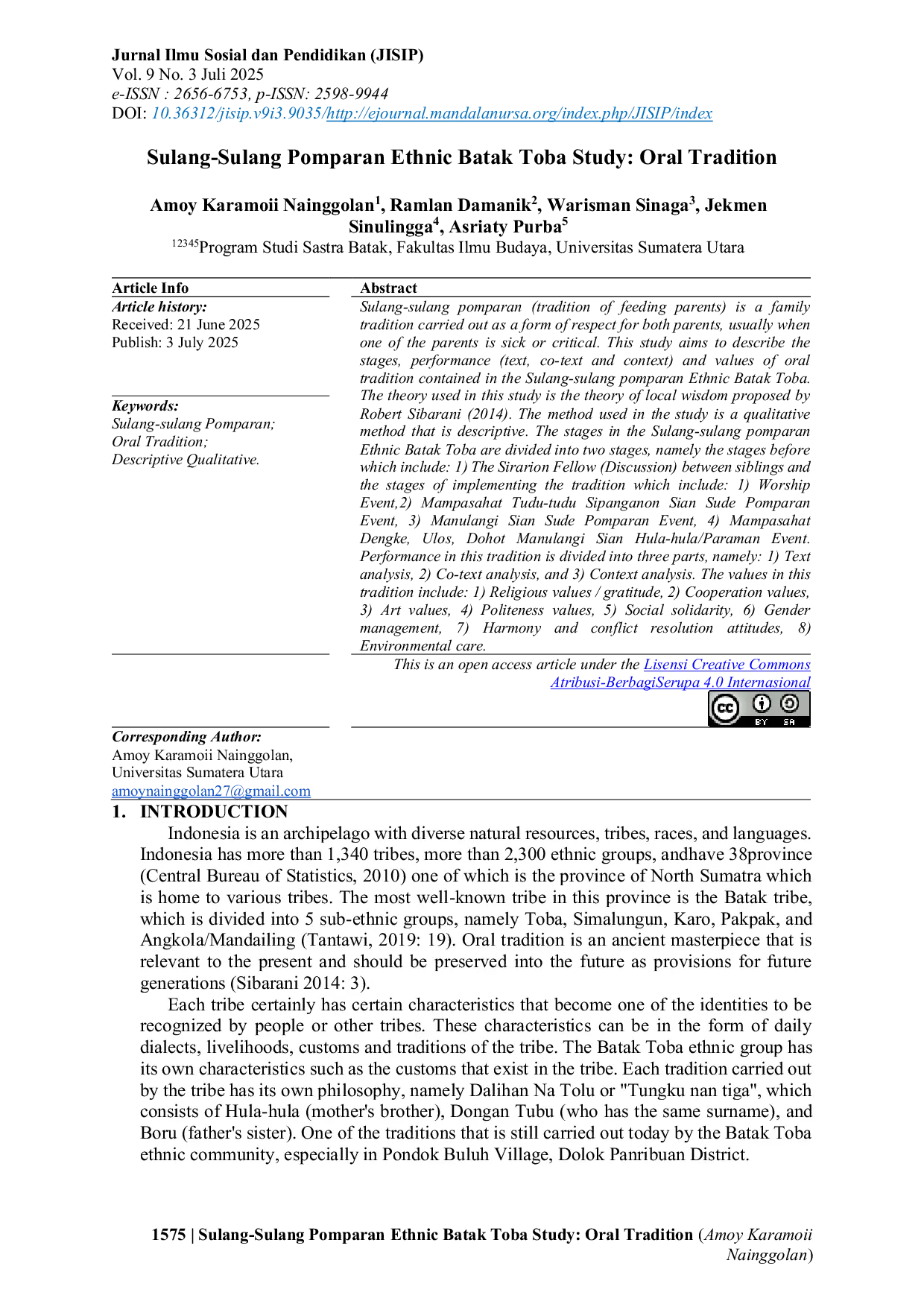 JURIS Sulang Sulang Pomparan Ethnic Batak Toba Study Oral Tradition