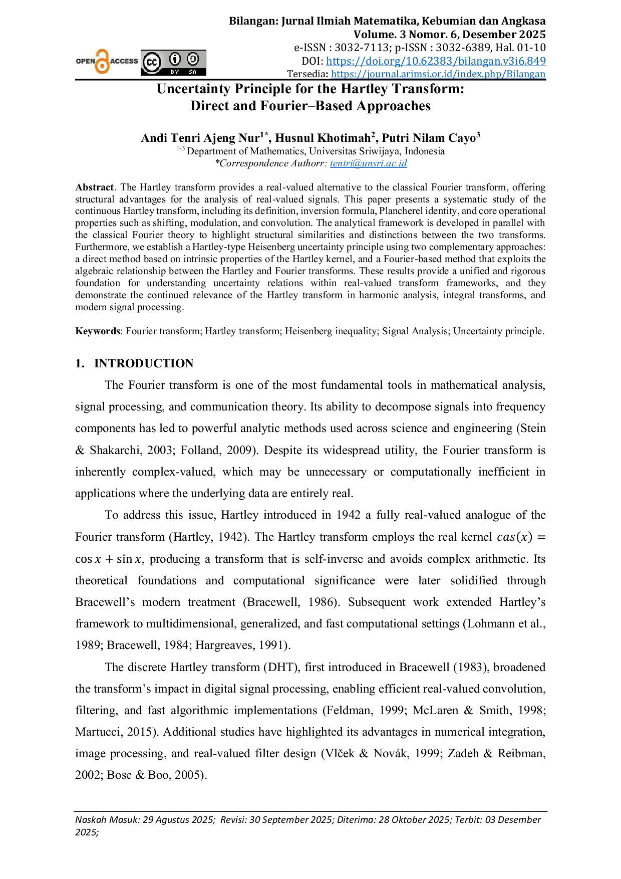 JURIS Uncertainty Principle for the Hartley Transform Direct and Fourier Based Approaches
