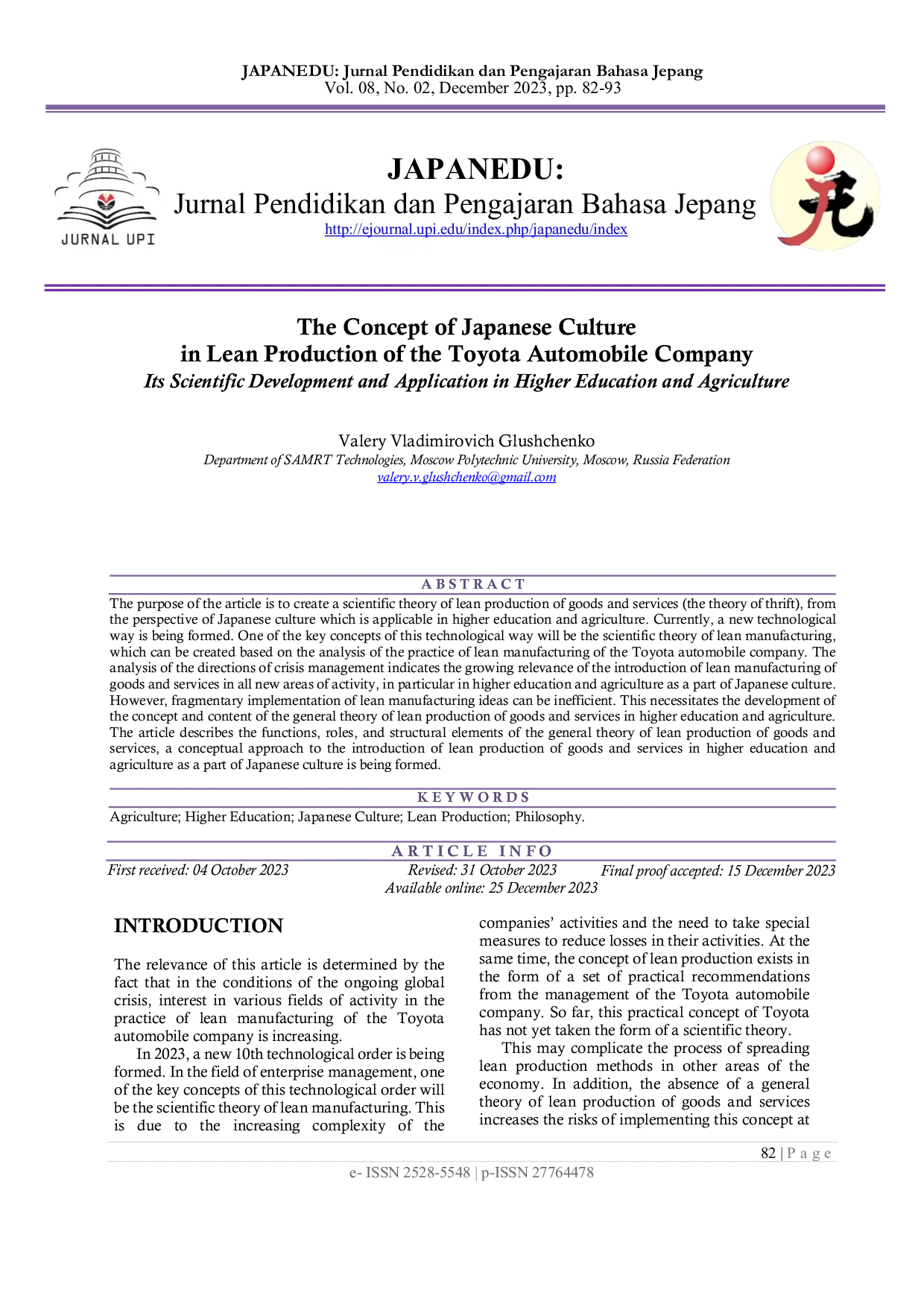 JURIS The Concept of Japanese Culture in Lean Production of the Toyota Automobile Company Its Scientific Development and Application in Higher Education and Agriculture
