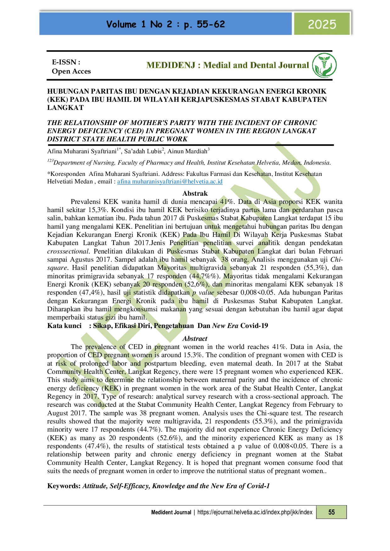 JURIS Hubungan Paritas Ibu Dengan Kejadian Kekurangan Energi Kronik KEK Pada Ibu Hamil Di Wilayah Kerja Puskesmas Stabat Kabupaten Langkat