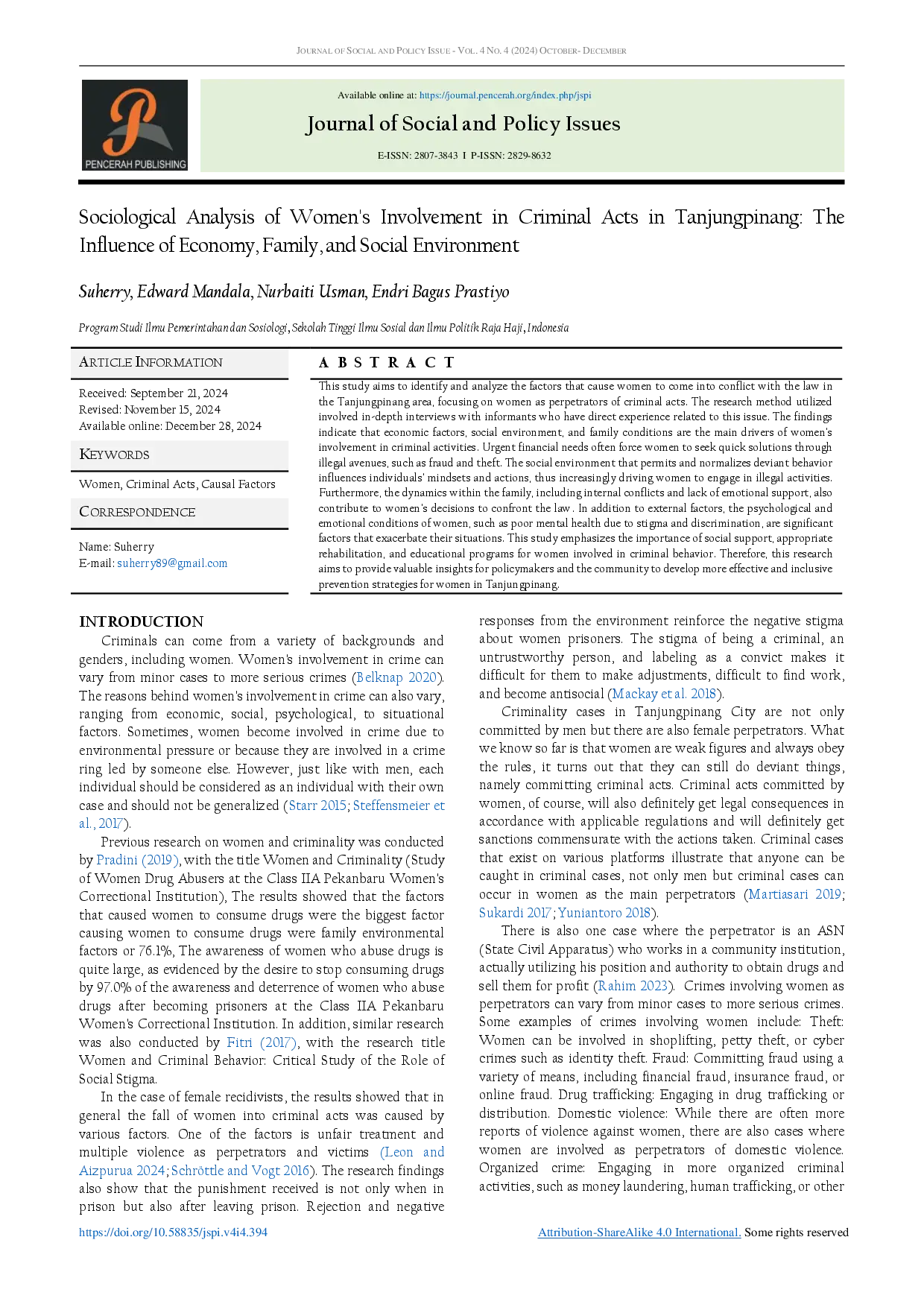 juris Sociological Analysis of Women s Involvement in Criminal Acts in Tanjungpinang The Influence of Economy Family and Social Environment
