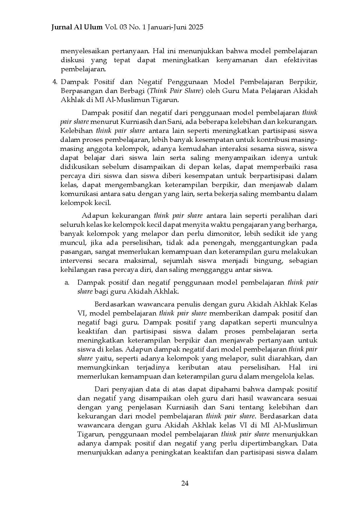 juris Penggunaan Model Pembelajaran Think Pair Share Pada Mata Pelajaran Akidah Akhlak Di Madrasah Ibtidaiyah