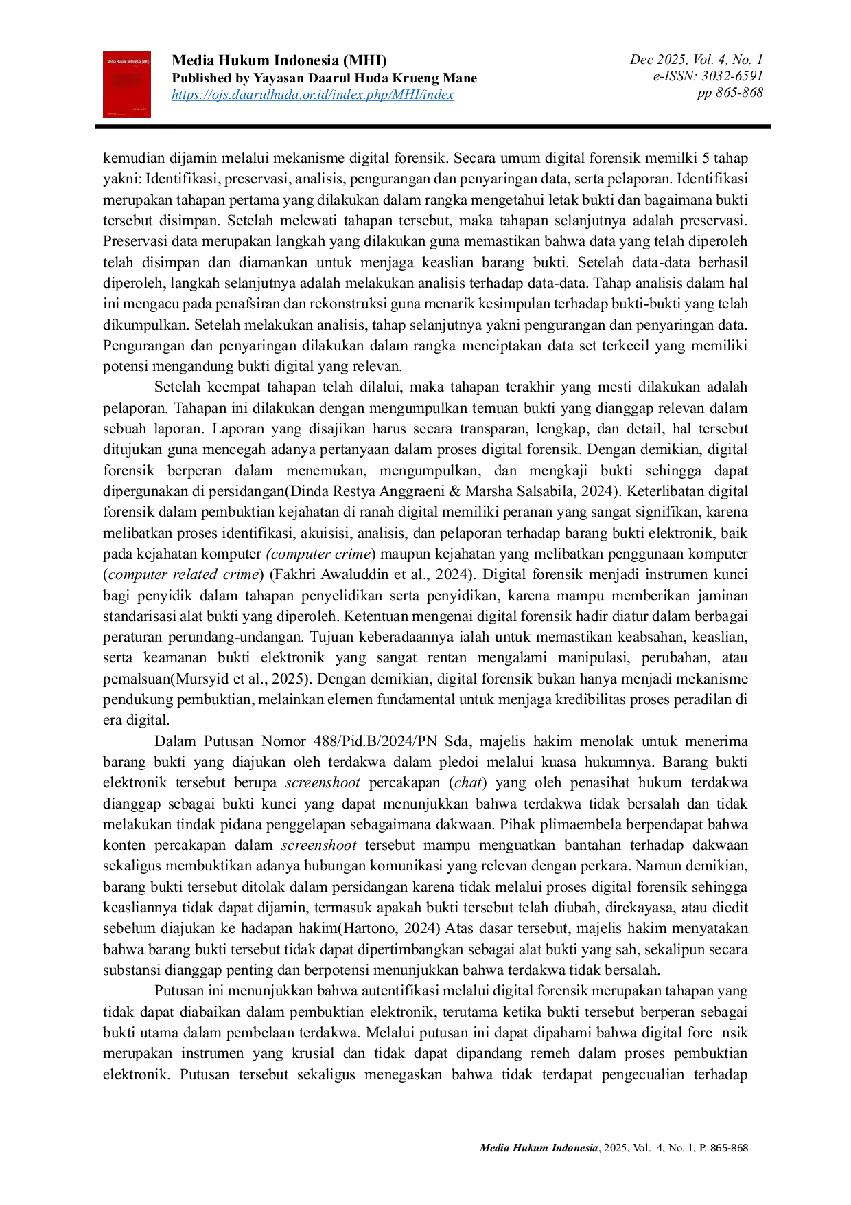 JURIS Implikasi Penolakan Bukti Elektronik Tanpa Verifikasi Digital Forensik Studi Putusan dan Analisis Yuridis