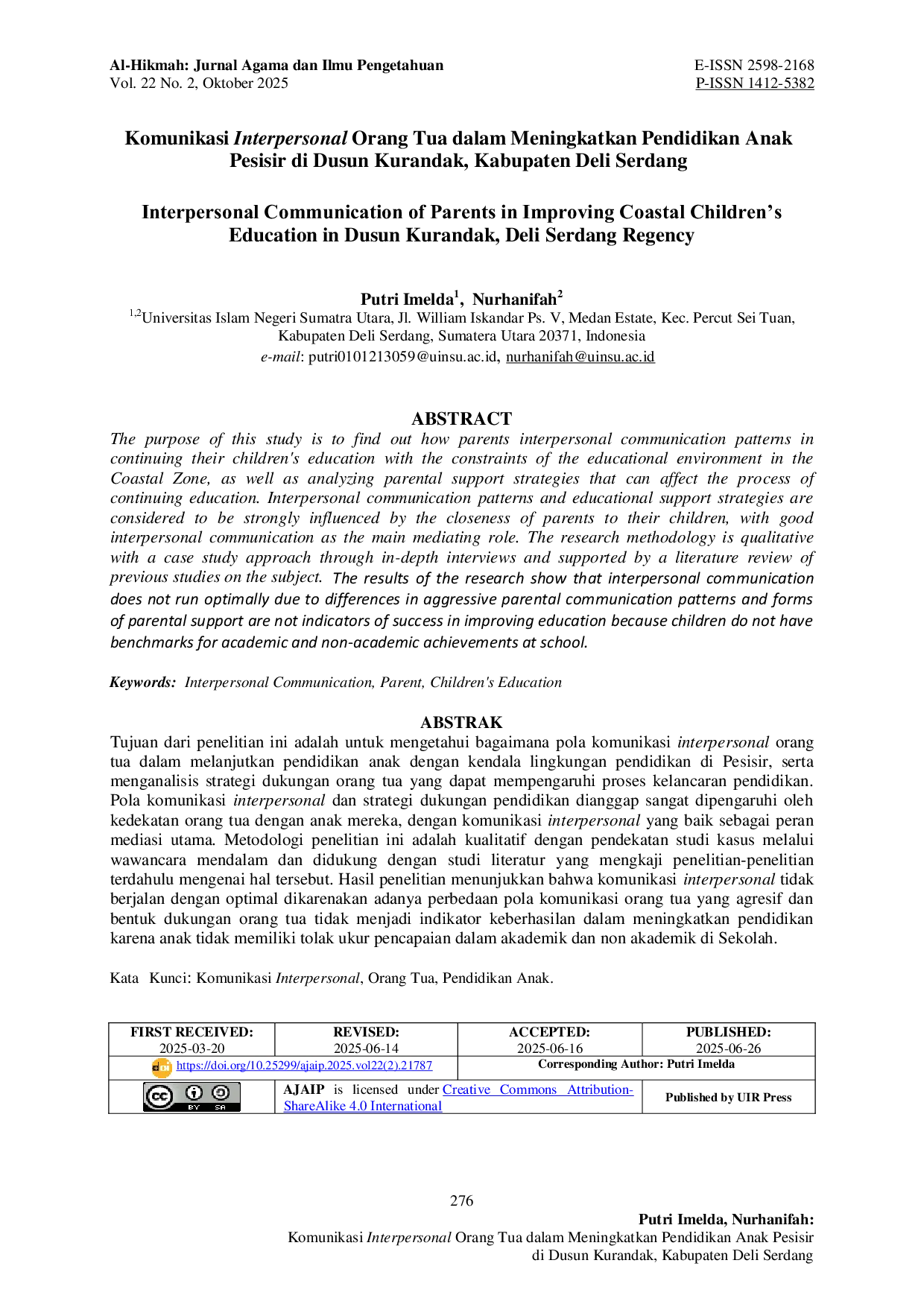 JURIS Komunikasi Interpersonal Orang Tua dalam Meningkatkan Pendidikan Anak Pesisir di Dusun Kurandak Kabupaten Deli Serdang