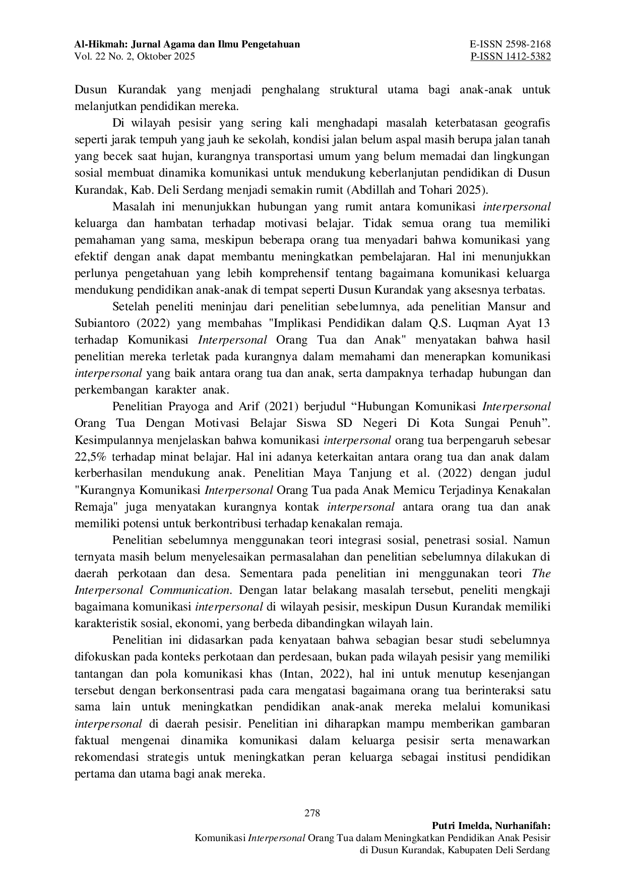 JURIS Komunikasi Interpersonal Orang Tua dalam Meningkatkan Pendidikan Anak Pesisir di Dusun Kurandak Kabupaten Deli Serdang