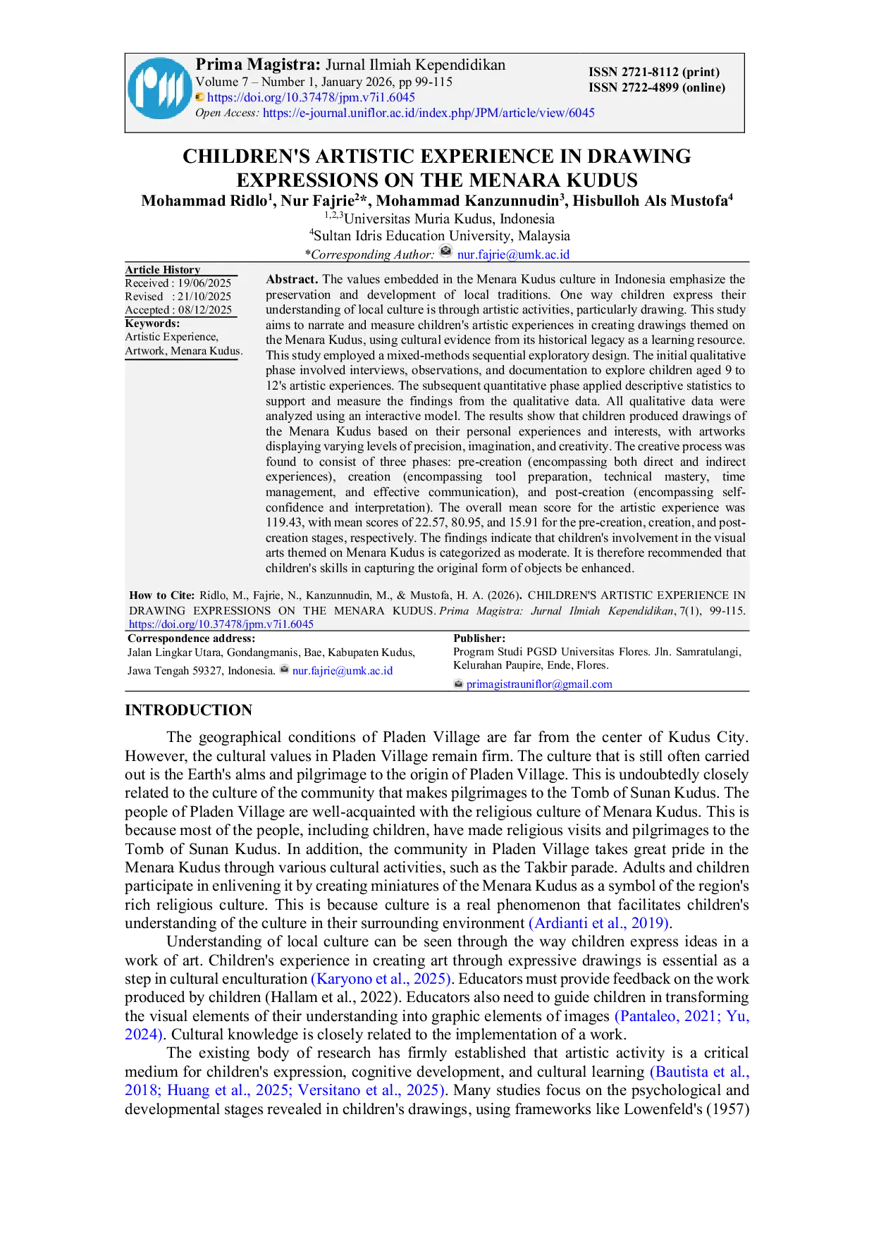 JURIS Children s Artistic Experience in Drawing Expressions on the Menara Kudus