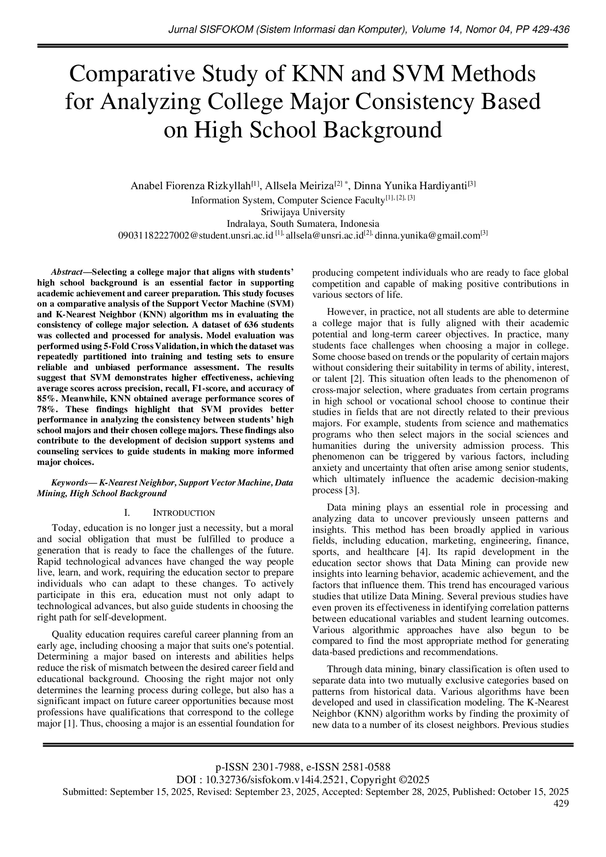 JURIS Comparative Study of KNN and SVM Methods for Analyzing College Major Consistency Based on High School Background