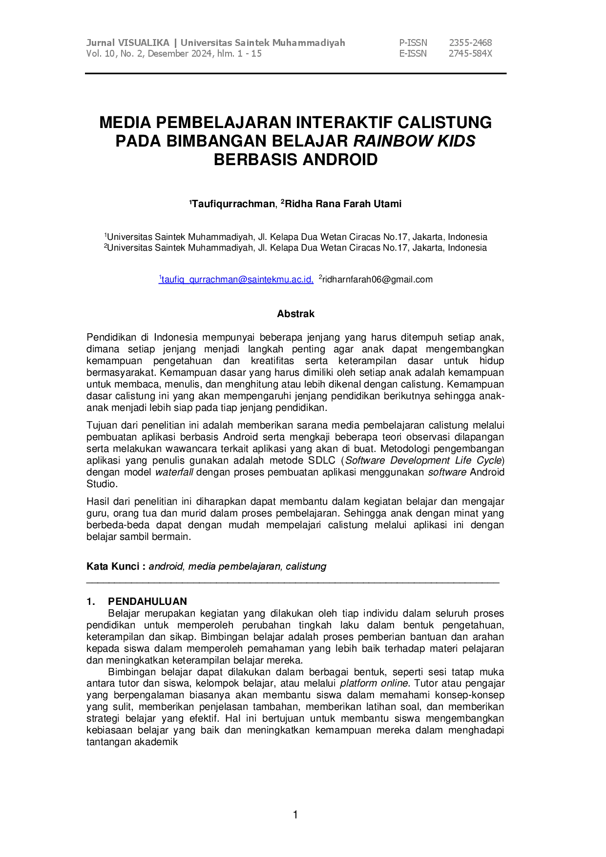 juris Media Pembelajaran Interaktif Calistung Pada Bimbingan Belajar Rainbow Kids Berbasis Android
