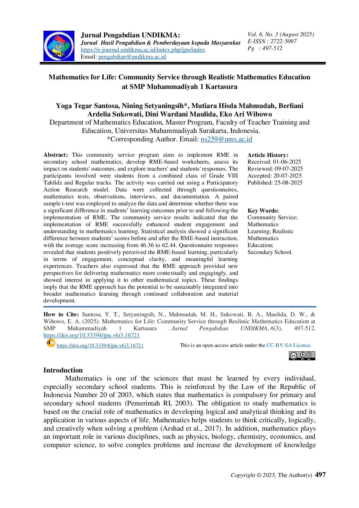 JURIS Mathematics for Life Community Service through Realistic Mathematics Education at SMP Muhammadiyah 1 Kartasura