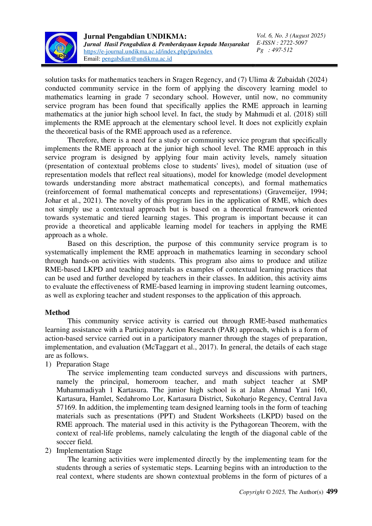 JURIS Mathematics for Life Community Service through Realistic Mathematics Education at SMP Muhammadiyah 1 Kartasura