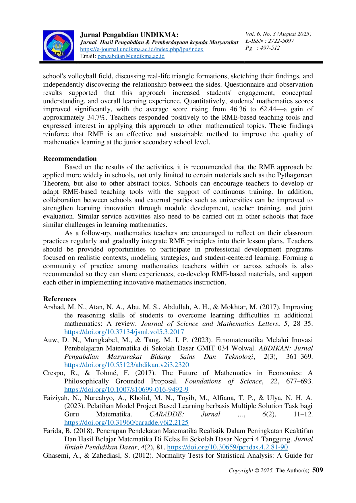 JURIS Mathematics for Life Community Service through Realistic Mathematics Education at SMP Muhammadiyah 1 Kartasura