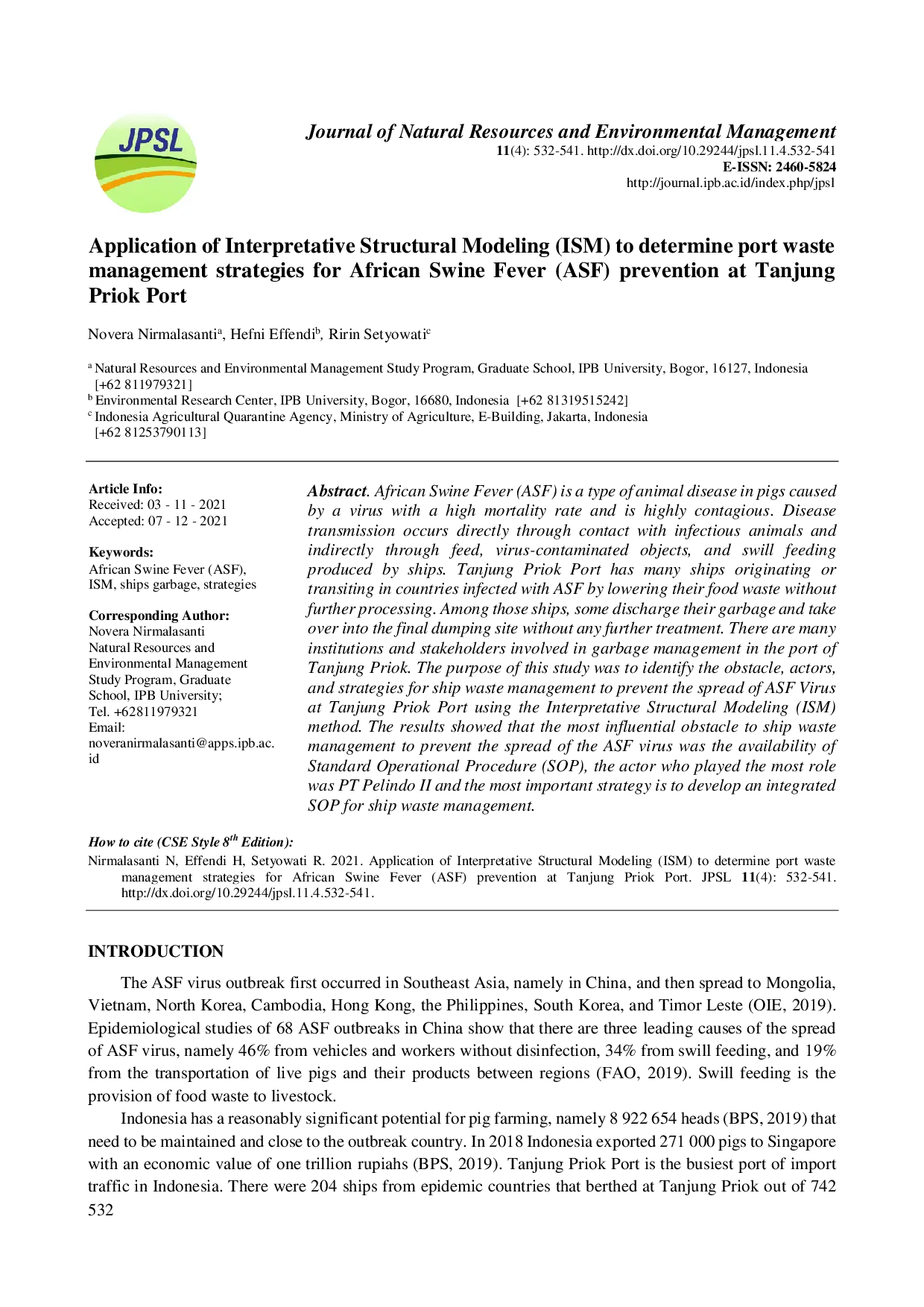 juris Application of Interpretative Structural Modeling ISM to Determine Port Waste Management Strategies for African Swine Fever ASF Prevention at Tanjung Priok Port