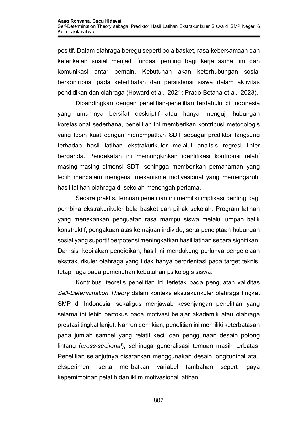 JURIS Self Determination Theory sebagai Prediktor Hasil Latihan Ekstrakurikuler Siswa di SMP Negeri 6 Kota Tasikmalaya