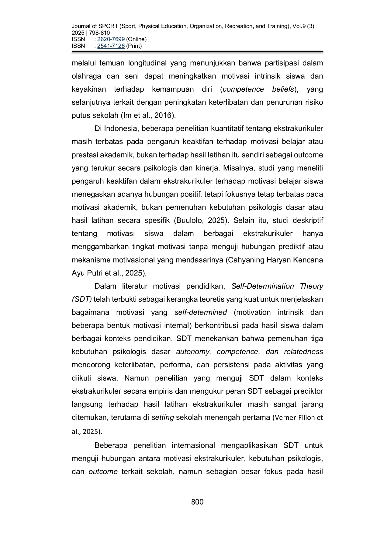 JURIS Self Determination Theory sebagai Prediktor Hasil Latihan Ekstrakurikuler Siswa di SMP Negeri 6 Kota Tasikmalaya