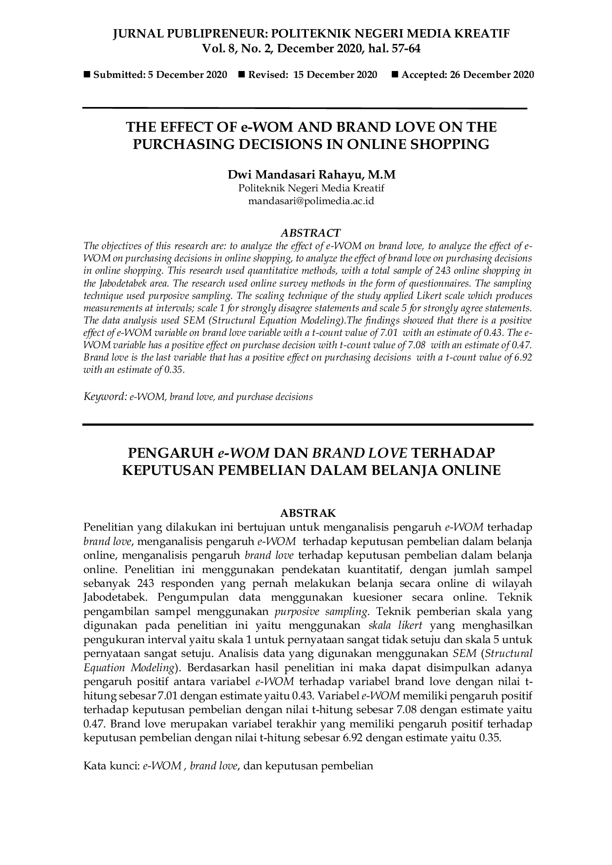 JURIS THE EFFECT OF e WOM AND BRAND LOVE ON THE PURCHASING DECISIONS IN ONLINE SHOPPING