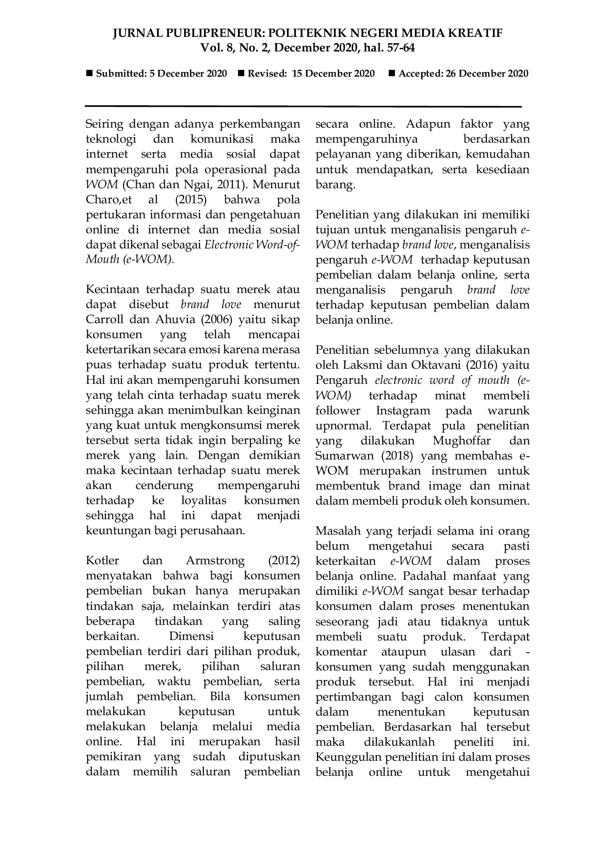 JURIS THE EFFECT OF e WOM AND BRAND LOVE ON THE PURCHASING DECISIONS IN ONLINE SHOPPING