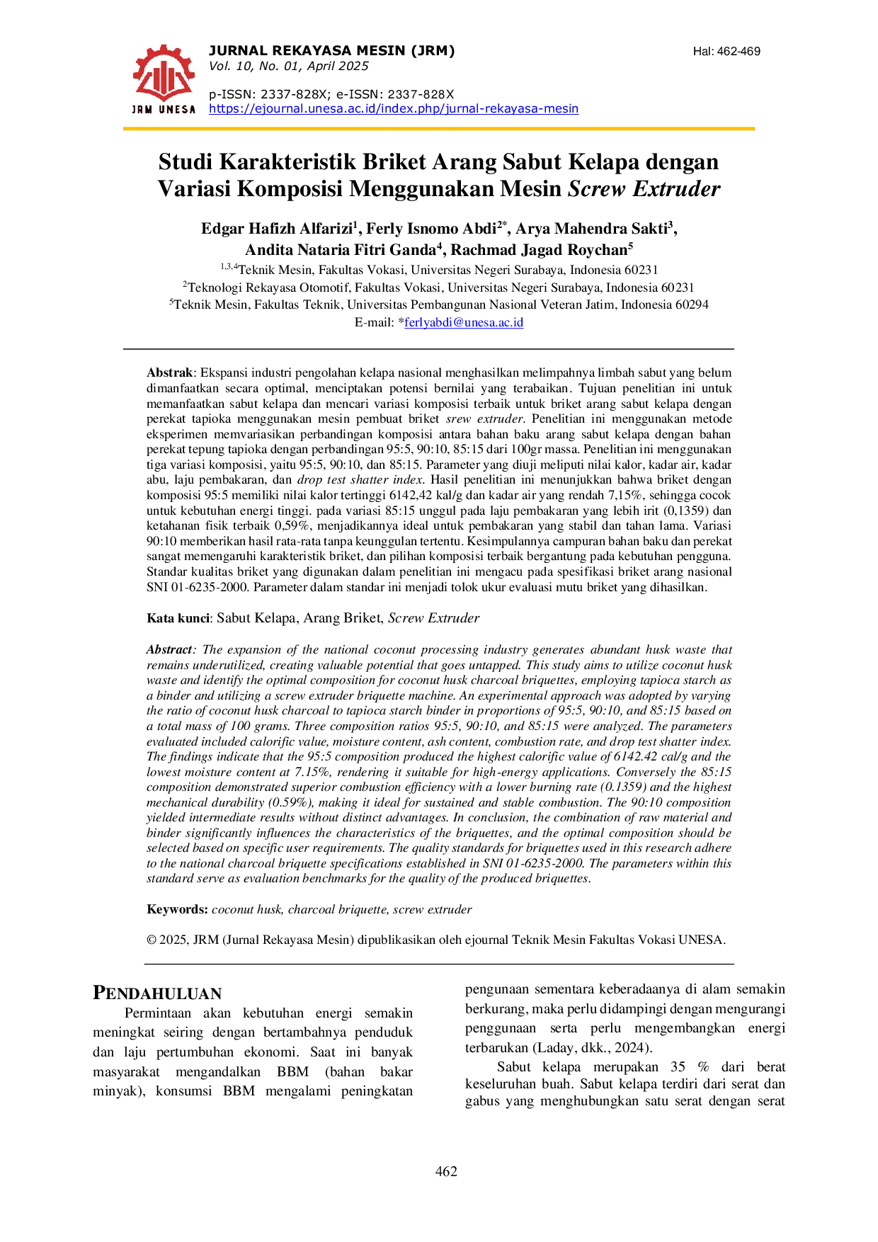 JURIS Studi Karakteristik Briket Arang Sabut Kelapa dengan Variasi Komposisi Menggunakan Mesin Screw Extruder