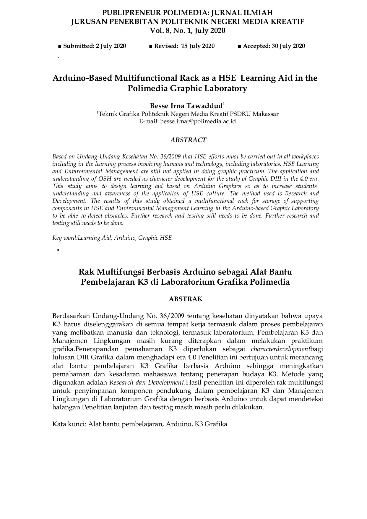 JURIS Arduino Based Multifunctional Rack as a HSE Learning Aid in the Polimedia Graphic Laboratory